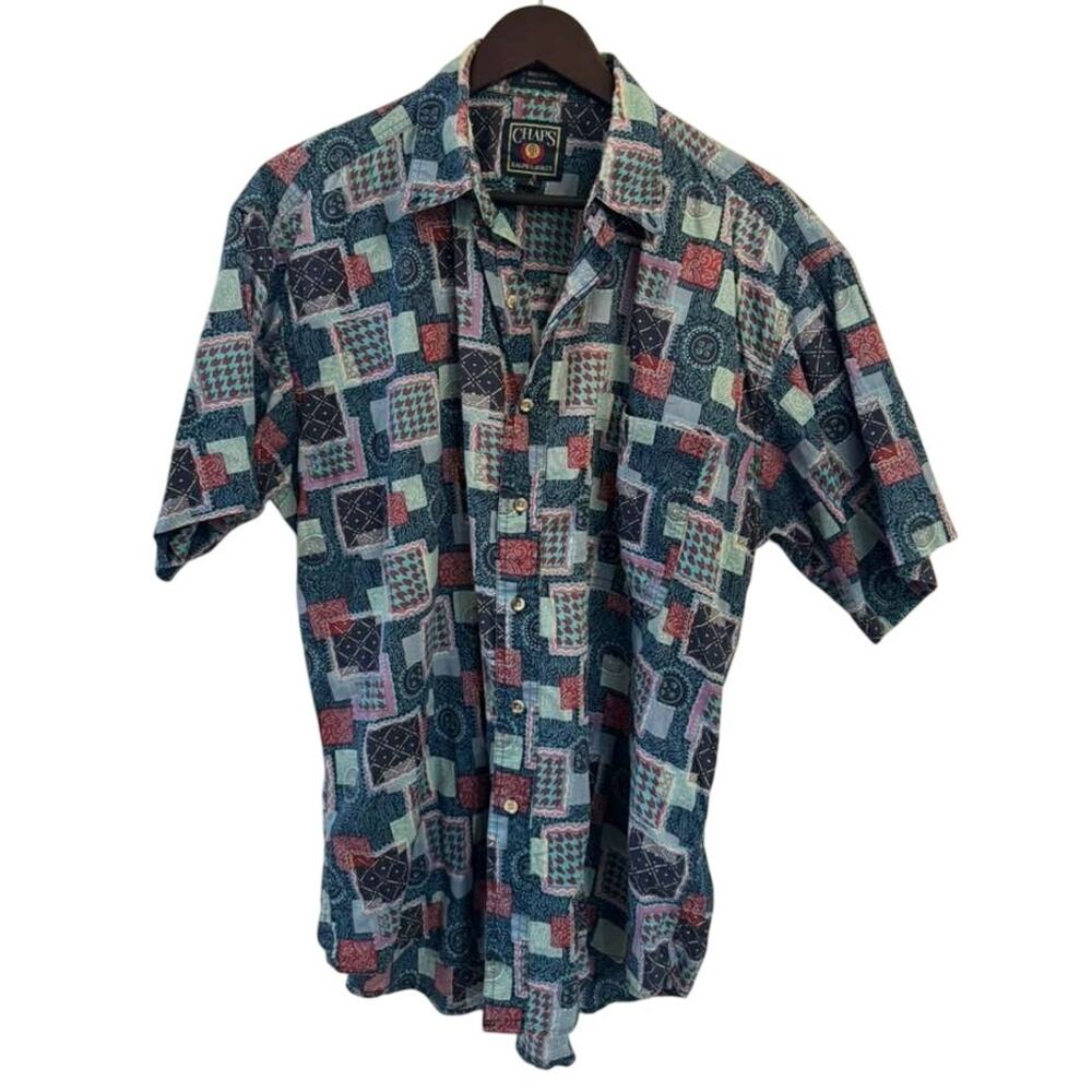 Vtg 90s Chaps Button Up Shirt Mens Tribal Bandana Short Sleeve Retro dadcore